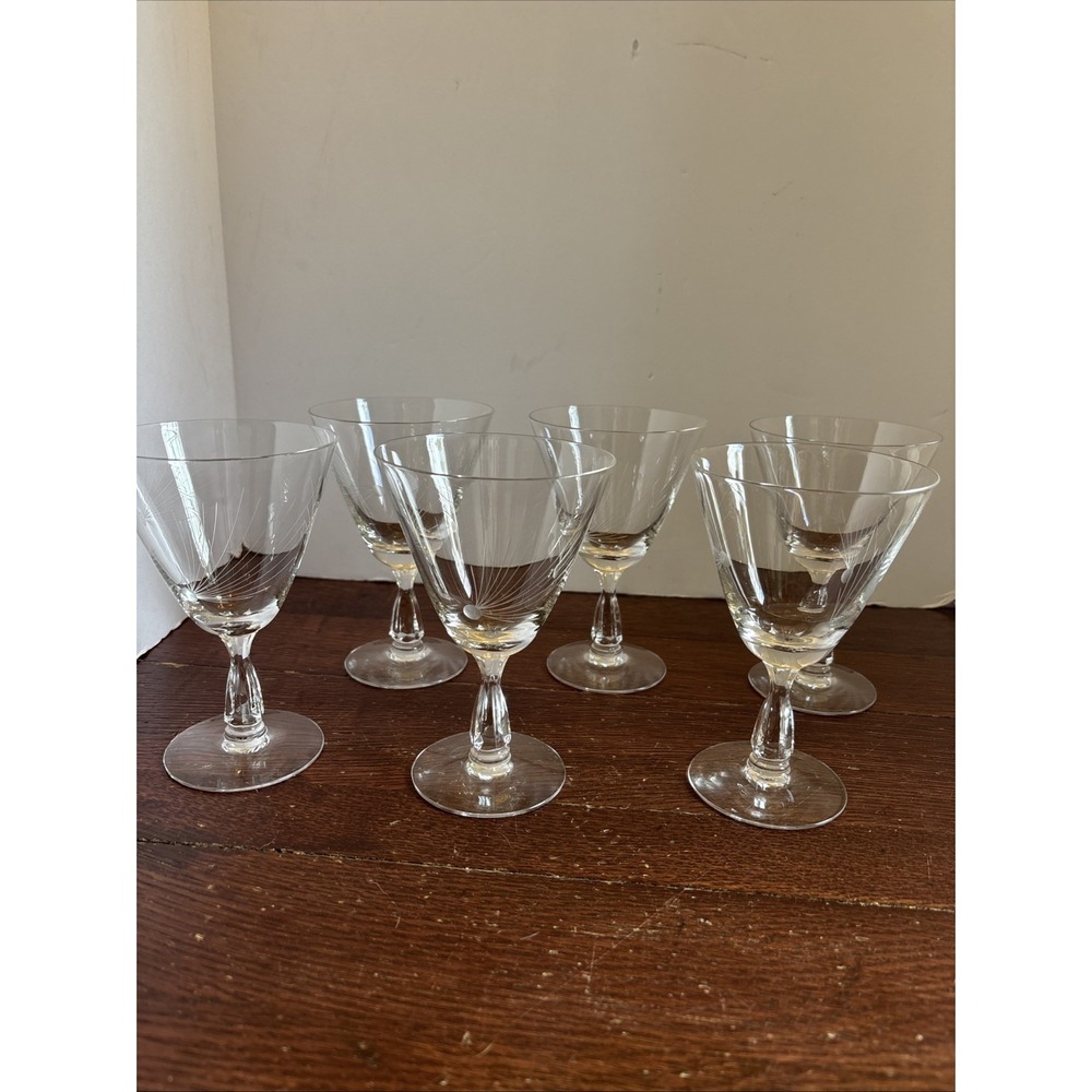 MCM Fostoria Glass Crystal Pine 10 oz Tall Water Wine Goblet Glasses Set Of 6